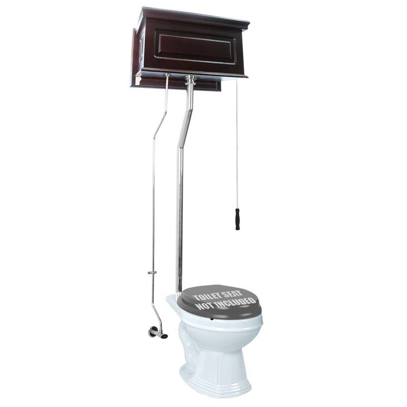 High Tank Toilet - Dark Oak Raised Tank, Round White Bowl Chrome L Pipes Renovators Supply