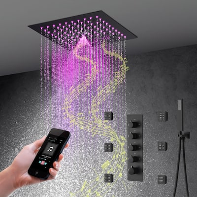 Matte black 12 inch rain mist 64 LED lights bluetooth music 4 way thermostatc shower faucet - 7'6" x 10'9"