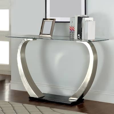 Rectangular Glass Top Sofa Table with Curved Pedestal Base, Black and Gray