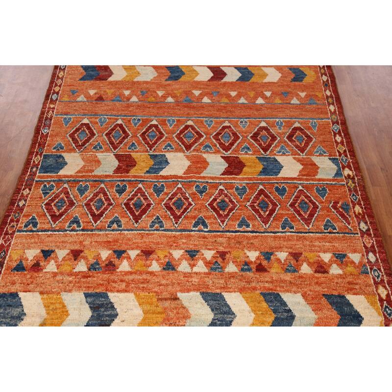 Orange Tribal Geometric Moroccan Rug Hand-Knotted Wool Carpet - 6'7" x 9'6"