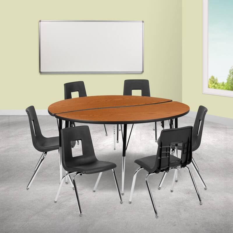60" Circle Wave Flexible Activity Table Set with 18" Student Stack Chairs - 60"D x 60"W x 21.25" - 30.25"H - Oak