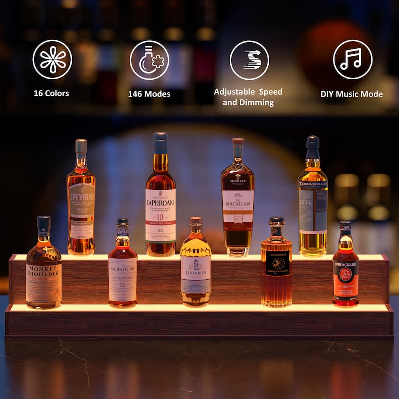 Freestanding Holding Bottles for Home Bar, LED Lighted Liquor Bottle Display Shelf, Walnut Countertop Bar Display Shelf
