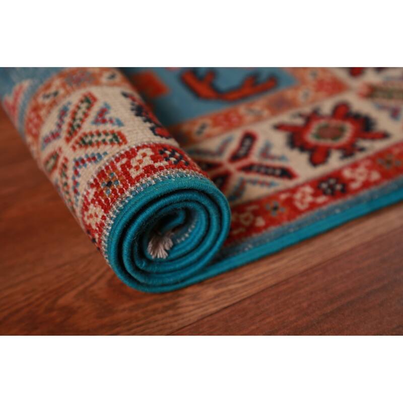 Blue Kazak Oriental Foyer Rug Hand-Knotted Wool Carpet - 2'0"x 3'0"