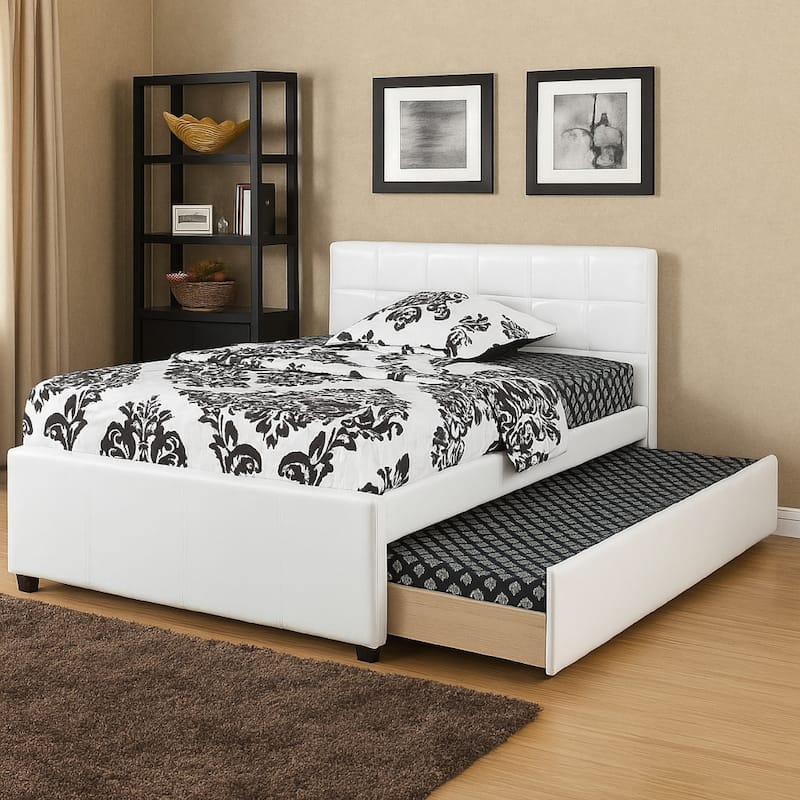 Gracious Wooden Full Bed with Trundle and SQU Tufted HB, White