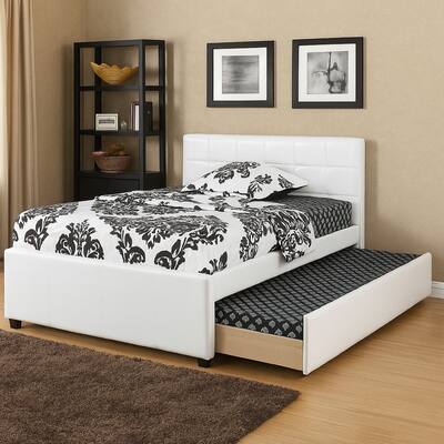 Gracious Wooden Full Bed with Trundle and SQU Tufted HB, White