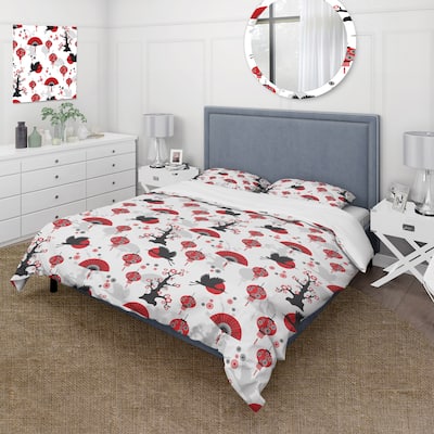 Designart 'Red Asian Pattern' Modern Duvet Cover Set