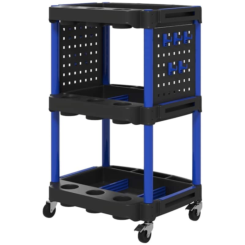 Three-Tier Mobile Rolling Tool Cart with Hooks and Storage Holes for Garage Workshop Organizer - 22.2" W x 18.7" D x 35" H - Blue-Black