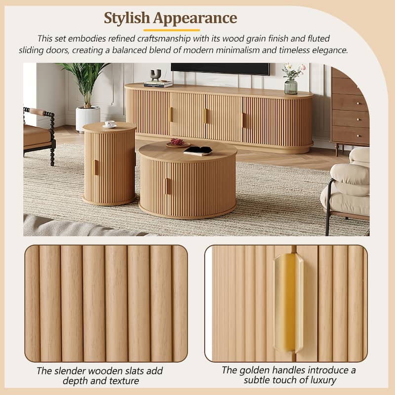 Farmhouse TV Stand & Coffee Table Set with Fluted Sliding Door & Golden Handles, for TVs up to 75"