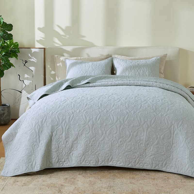 Patina Vie Maison 100% Cotton Stitched 3 Piece Quilt and Sham Set - Blue - Scroll - King