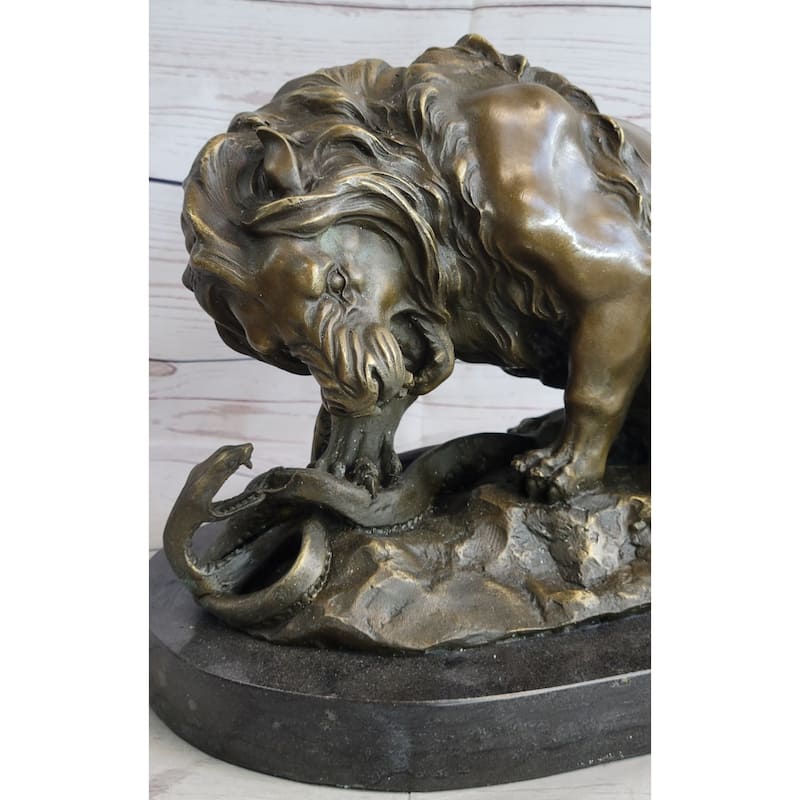 Lion Vs. Imitative Snake Bronze Sculpture Animal Sculpture A. Barye Figurine On Marble Base