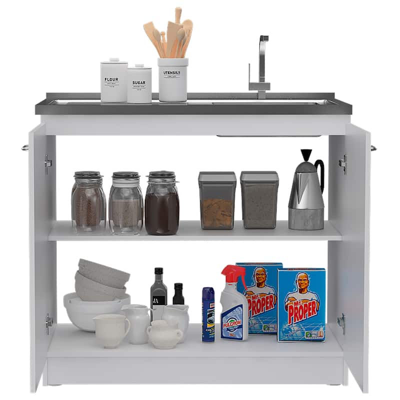Oklahoma Utility Sink, Double Door Cabinet, Stainless Steel Countertop