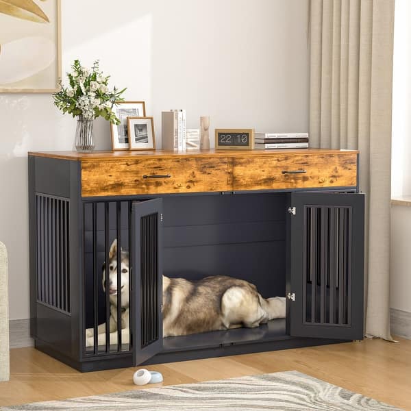 slide 2 of 8, Dog Crate Furniture Kennel, Dog Cage with Double Doors Wooden Pet House with 2 Drawers Brown