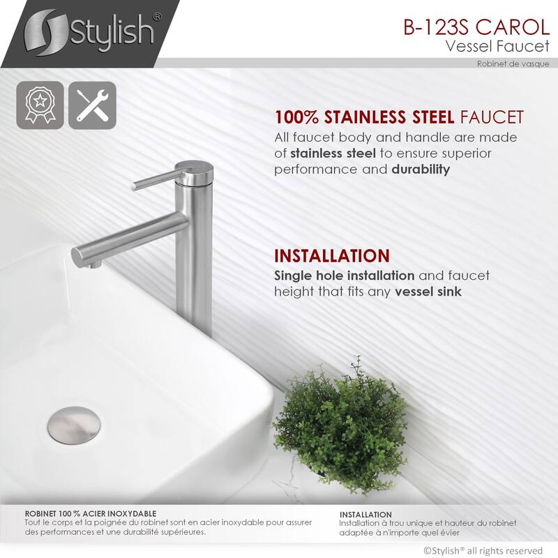 STYLISH Single Handle Bathroom Vessel Sink Faucet, Stainless Steel - Faucet Height: 11 5/8" Spout Height: 9 1/8"