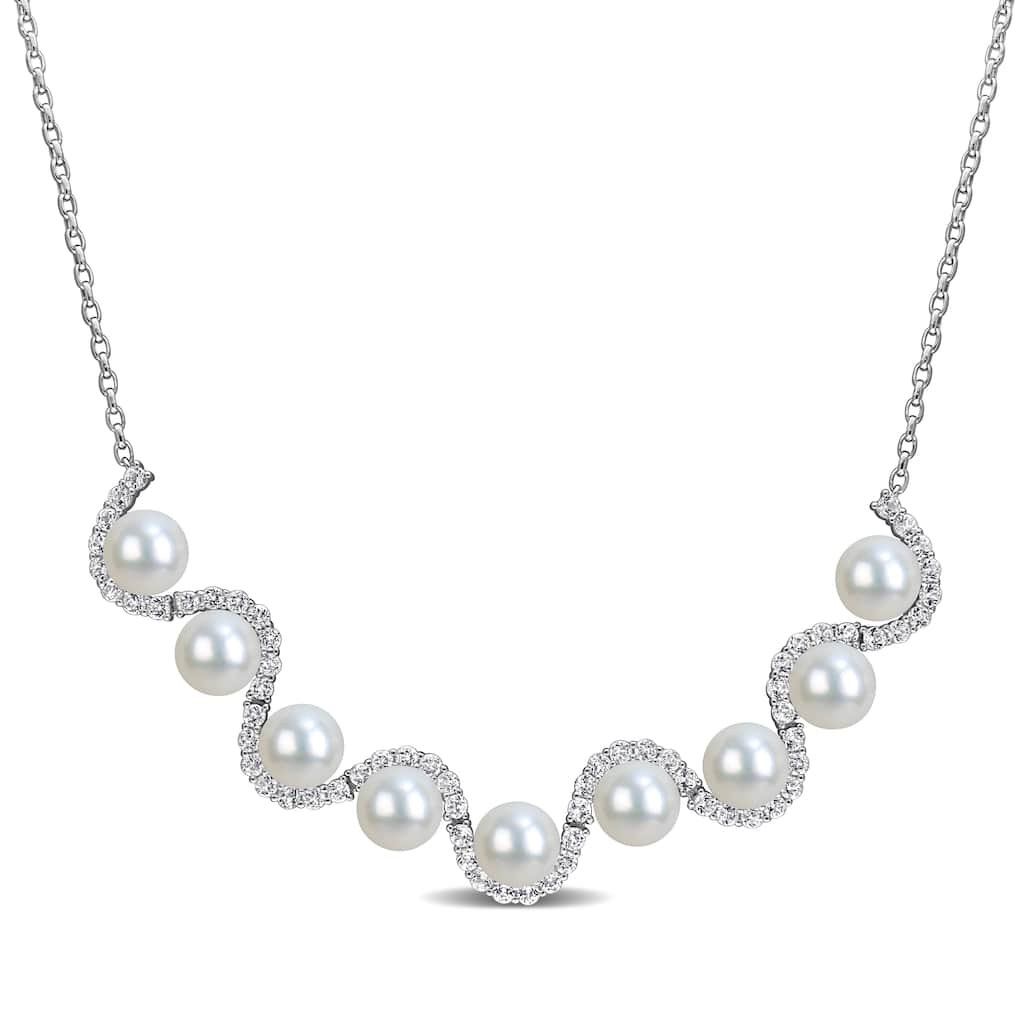 Miadora 8-8.5mm Cultured Freshwater Pearl 3 4/5ct TGW White Topaz Necklace Sterling Silver