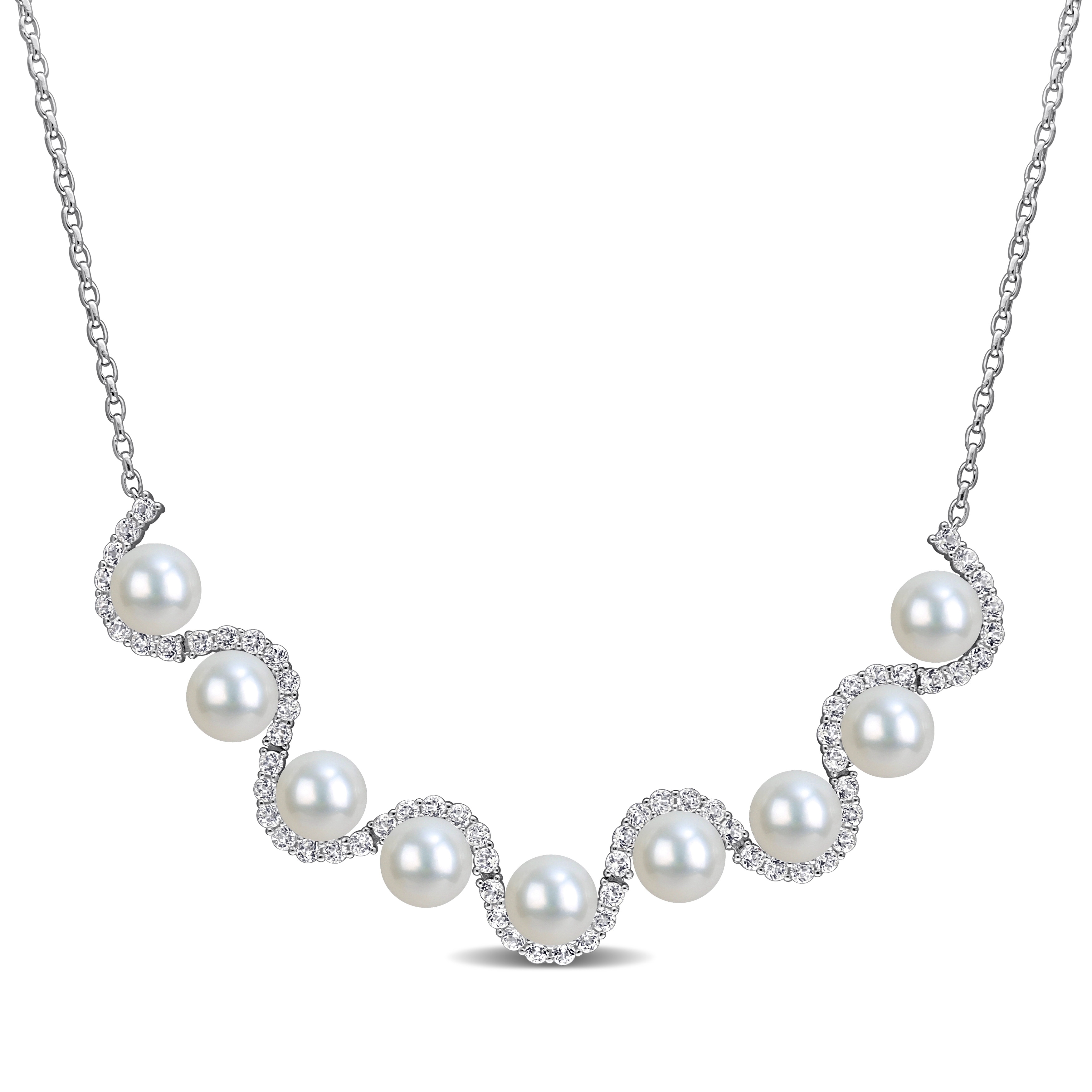 Miadora 8-8.5mm Cultured Freshwater Pearl 3 4/5ct TGW White Topaz Necklace Sterling Silver