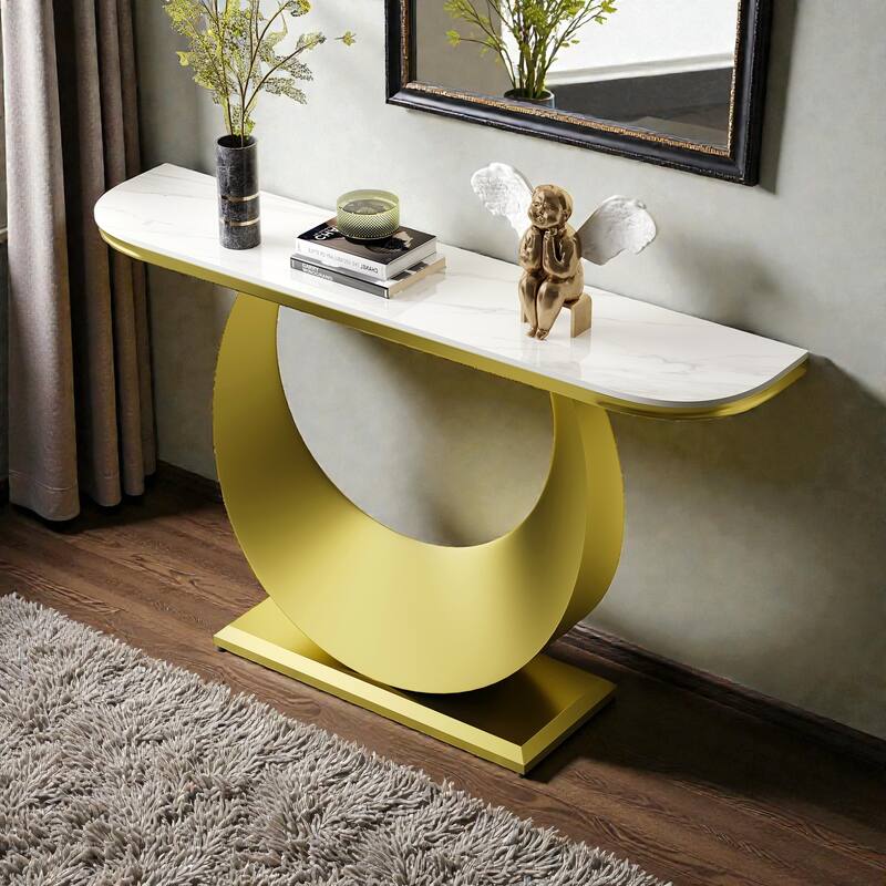 47 Inch Half-Console Table with Faux Marble Top & Gold Metal Base, Modern Narrow Entryway Table for Hallway & Living Room