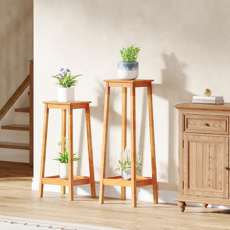 2-Tier Plant Shelf with Reinforced Frame, Solid Wood Indoor Plant Stand Set of 2 - Brown