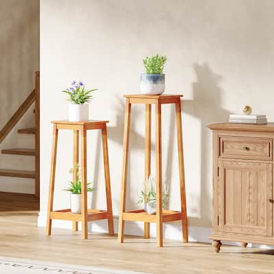 2-Tier Plant Shelf with Reinforced Frame, Solid Wood Indoor Plant Stand Set of 2