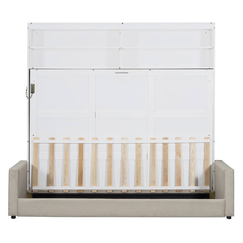 Foldable Canbinet Bedframe Storage Murphy Bed Queen Size Wall Bed with Integrated Linen Upholstered Sofa and Open Shelves