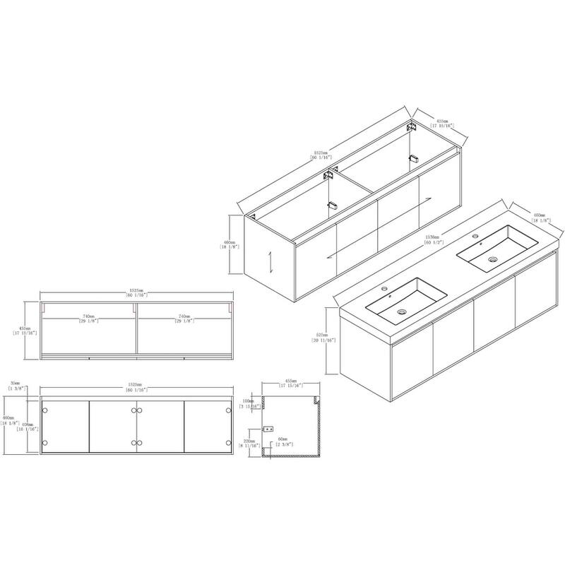 Blossom 60" Wall Mount Vanity with Double Acrylic Sink, Modern Design