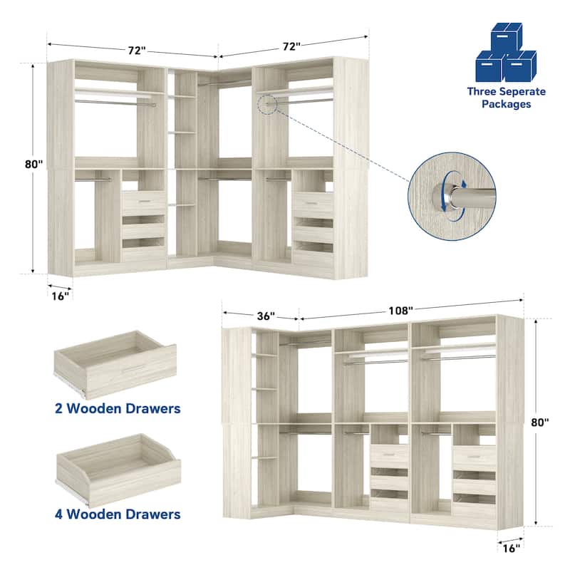 Qvella Corner Closet System with 6 Wooden Drawers and 6 Hanging Rods, Closet Organizer Wardrobe for Walk-in/Reach-in Closet