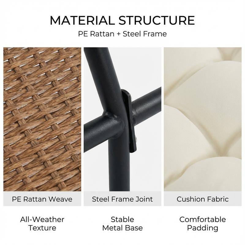 2-Piece Outdoor Wicker Ottomans with Cushions, Weather-Resistant Boho Patio Rattan Footrests for Garden, Porch, and Balcony