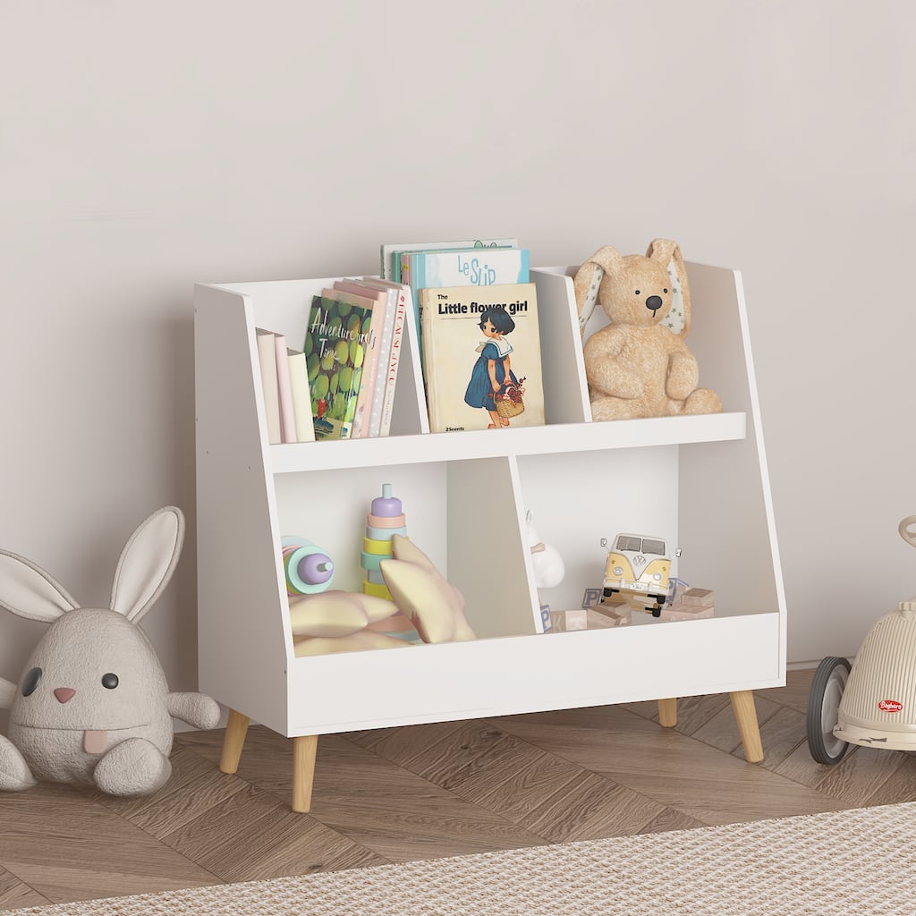 White Free Standing 5 Cubbies Wooden Open Bookcase
