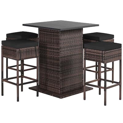Gymax 5PCS Patio Rattan Bar Table Stool Set Hidden Storage Shelf
