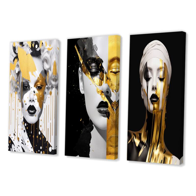 Designart "Glam Portrait Of Exquisite Young Woman Gold VI" Fashion Woman Gold - Gallery Wall Set Of 3 For Home Decor