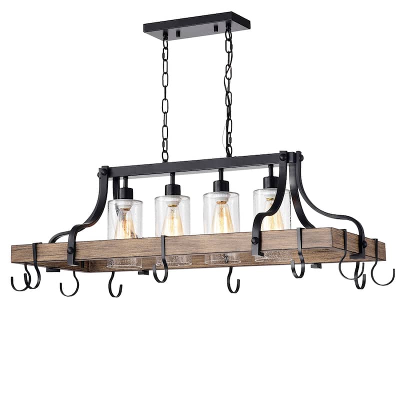 Blakes 4-light Metal Kitchen Island Chandelier with Pot Hooks - Black/Walnut
