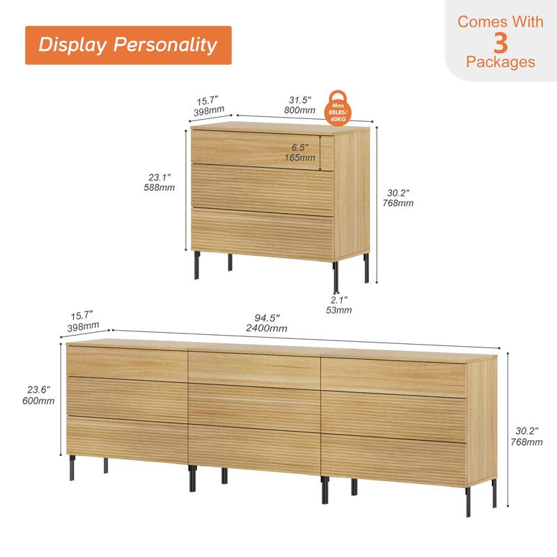 Modern Wood 3-Drawer Dresser With Reeded Design, Minimalist Dresser Organizer Storage