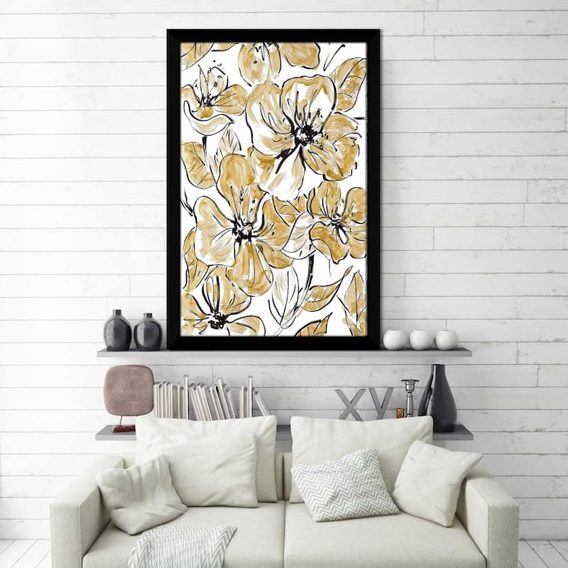 "Golden Sketch Floral I (Vertical)" Print on Acrylic