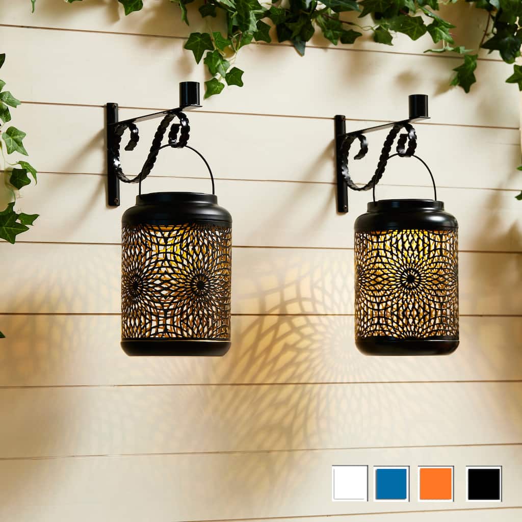 Glitzhome Set of 2 Metal Cutout Solar LED Outdoor Waterproof Hanging Lanterns