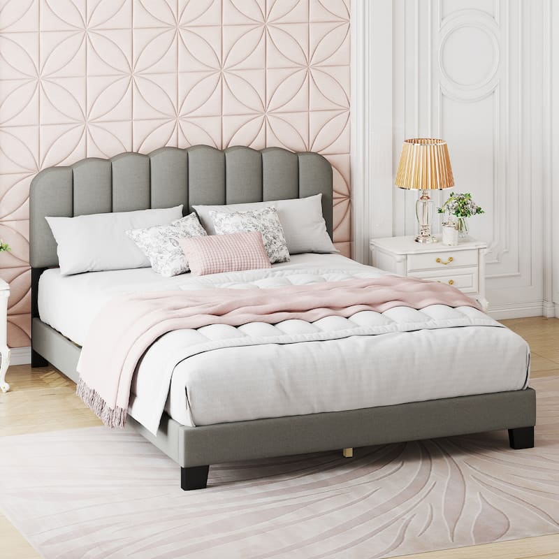 Gray Upholstered Queen Platform Bed Frame with Adjustable Headboard Tufted Linen and Sturdy Wooden Slats