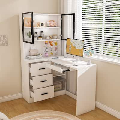 Corner L-Shaped Office Computer Desk – Features Glass Cabinets, Built-In LED Lights, USB Charging Ports & Keyboard Tray.