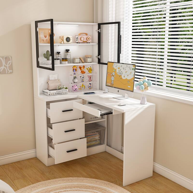 Executive Desk with Glass Cabinets & Built-In LED Lights, L-Shaped Corner Computer Desk, Writing Desk with USB Charging Ports