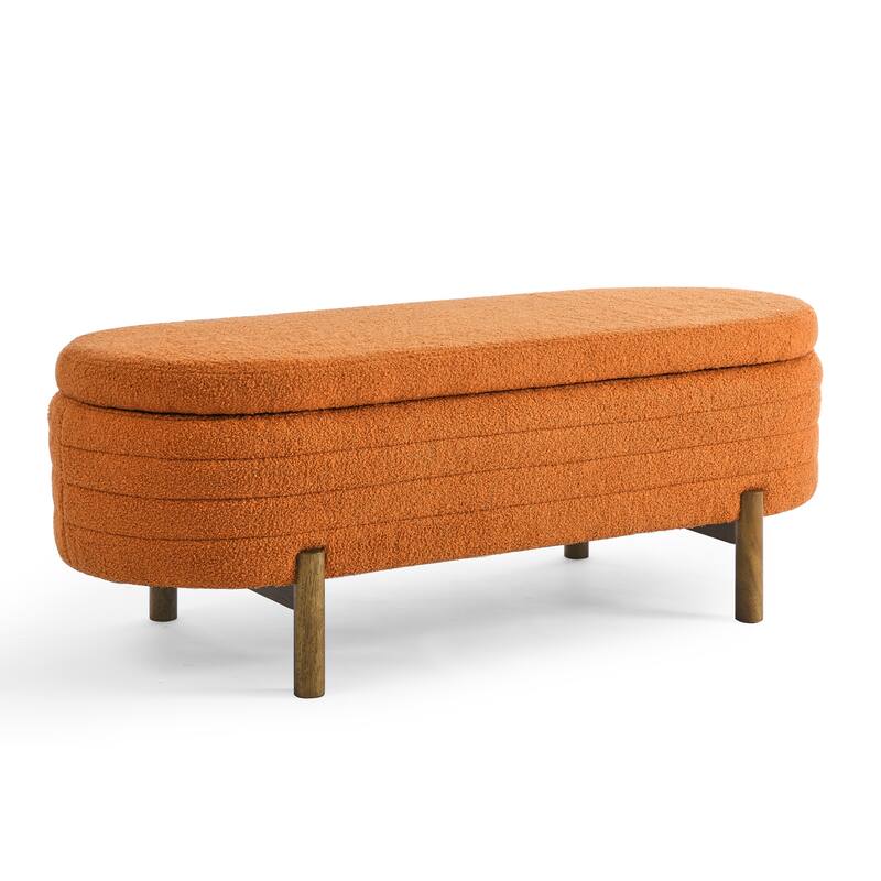 Small Ottoman Oval Storage Bench with Rubber Wood Leg Bedroom Upholstered Footstool Bench with Hidden Storage