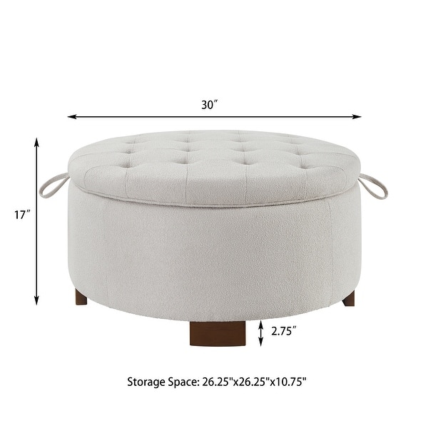 dimension image slide 7 of 10, 30" Round Boucle Storage Ottoman with Reversible Tray Lid & Wood Legs