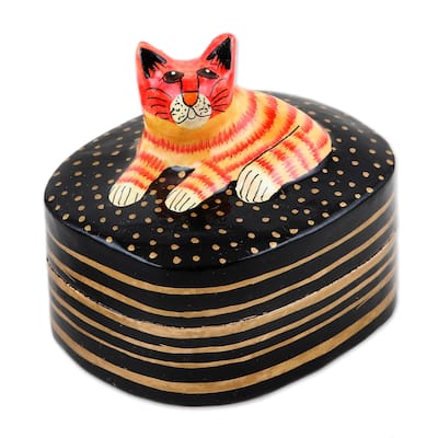 Novica Handmade Feline Friend Papier Mache And Wood Decorative Box