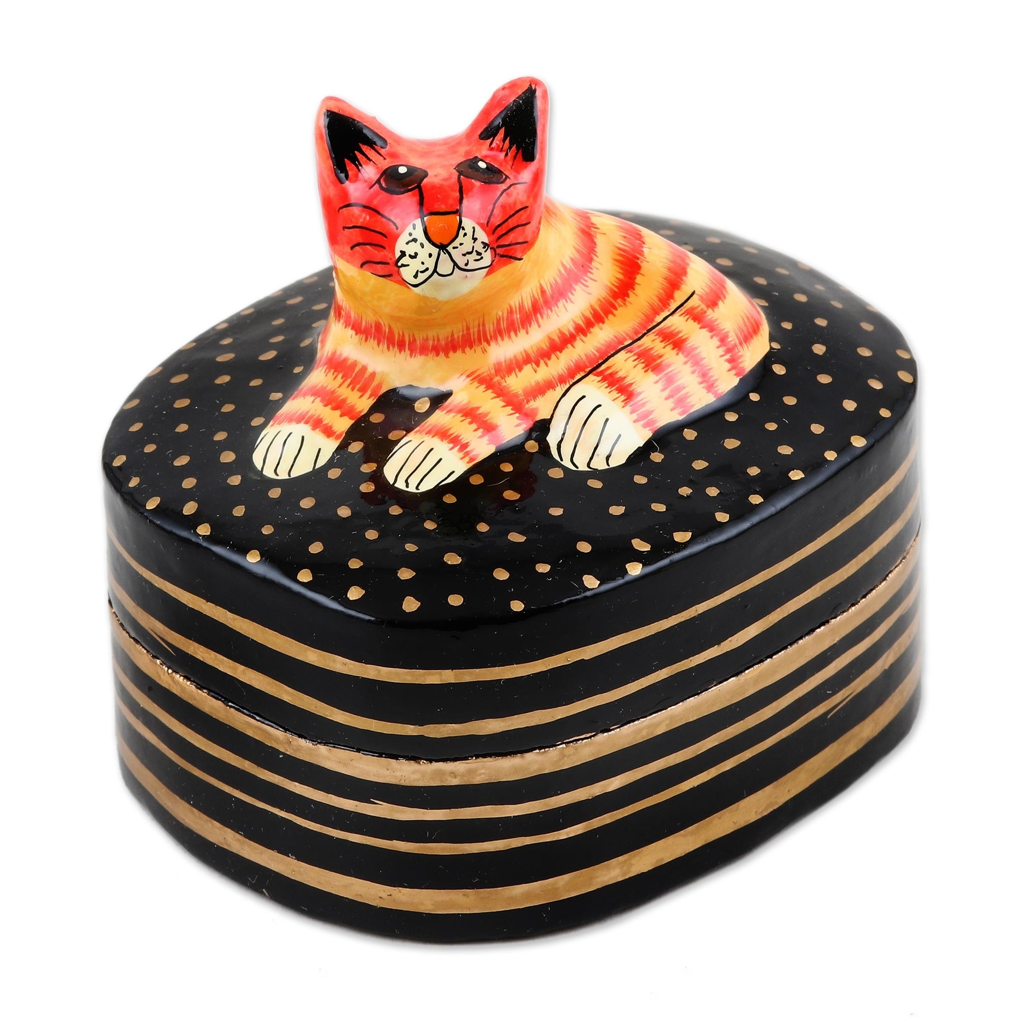 Novica Handmade Feline Friend Papier Mache And Wood Decorative Box
