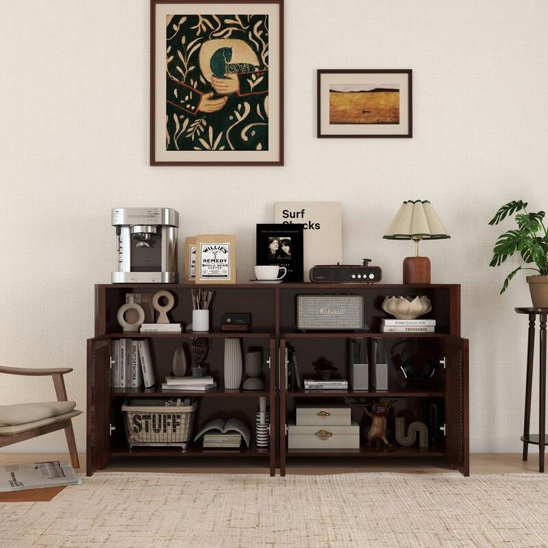 Mid Century Modern 63" Wide 4 - Cane Rattan Door Storage Sideboard with Open Shelf, Wine Bar Credenza for Living Room Entryway