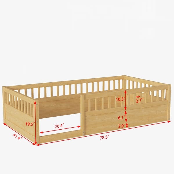 Natural Wood Twin Size Kids Floor Beds Frame with Fence for Bedroom Playroom