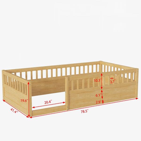 dimension image slide 1 of 3, Wood Twin Floor Bed Frame with Fence, Kids Beds Frame for Bedroom Playroom