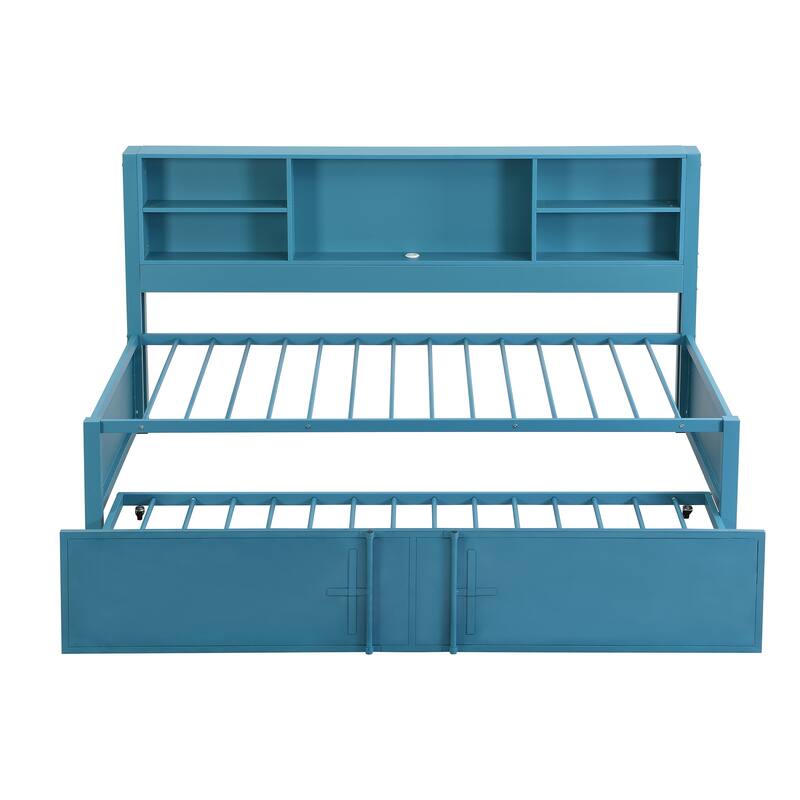 Blue Metal Twin Size Daybed with Trundle, Storage Shelves, and USB Ports, No Box Spring Needed