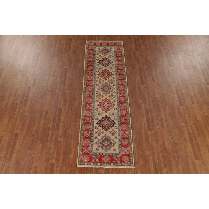 Geometric Kazak Runner Rug Handmade Foyer Wool Carpet - 2'10" x 9'7"