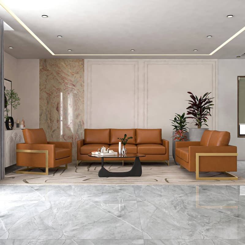 3-Piece Leather Sofa Set with Gold Stainless Steel Base and Removable Cushions