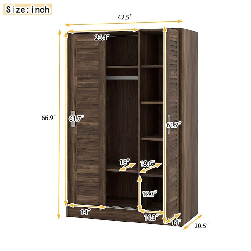 42.5"W Modern 3 door louvered closet with hanging rods and dividers