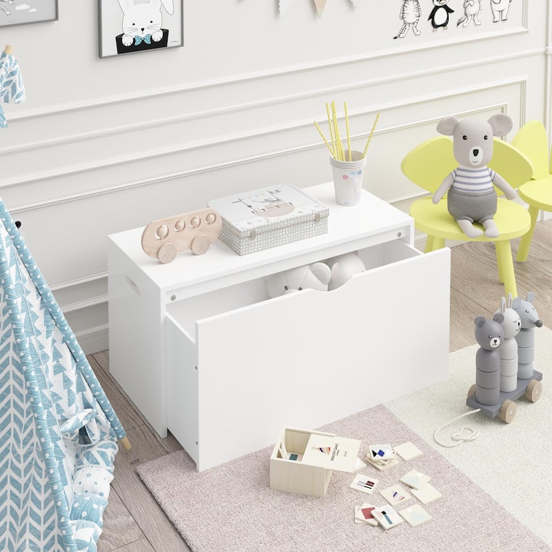 Anmytek White Large Storage Chest with Geometric Panels Toy Box Large Pull-Out Bin for Nursery