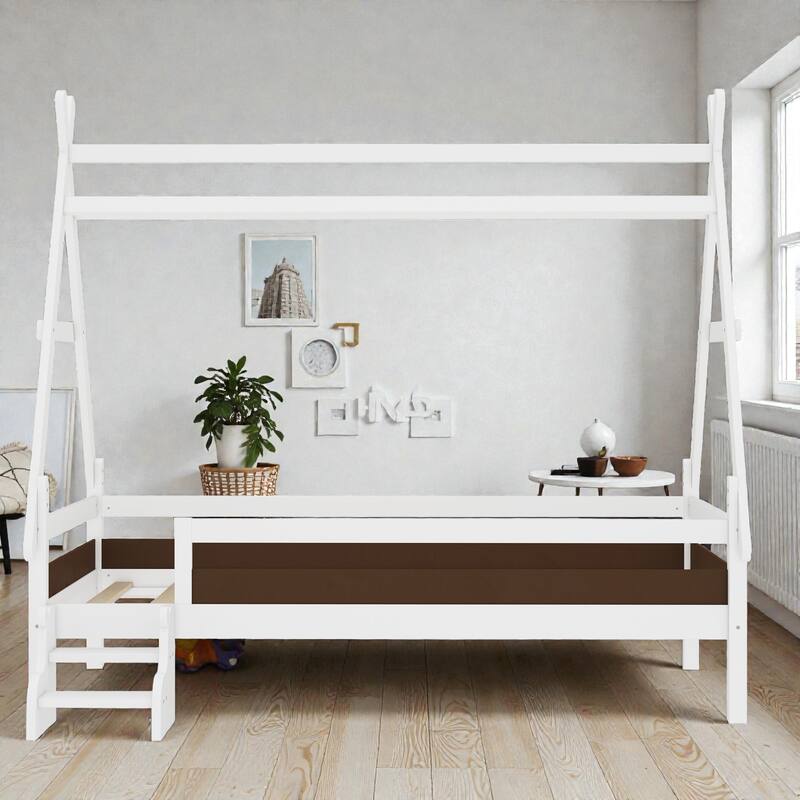 Twin/Full House Platform Bed with Stairs, Solid Wood Low Profile Kids Bed Frame, Fun Playhouse Design for Children