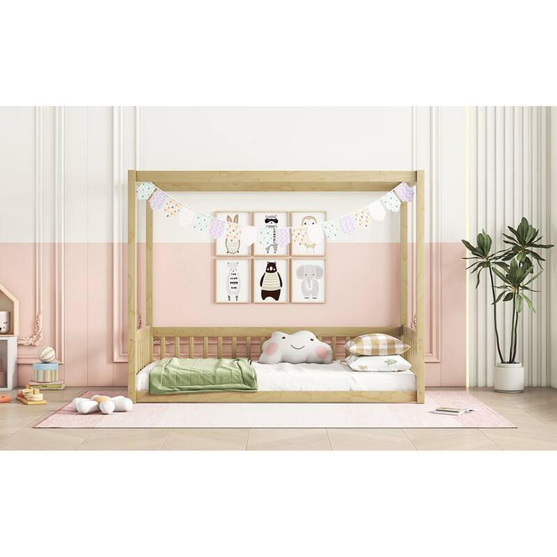 Roomfitters Twin Canopy Frame Floor Bed with Fence and Guardrails, Low Profile Platform Bed, No Box Spring Needed, Natural